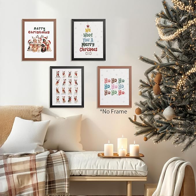AEHIE Merry Christmas Funny dog Wall Art Poster Prints for Home, Dog Lovers Gifts Poster Prints, Cute Christmas Golden Corgi australian shepherd Pug Winter Animal Wall Art Unframed 4pcs 8x10inch