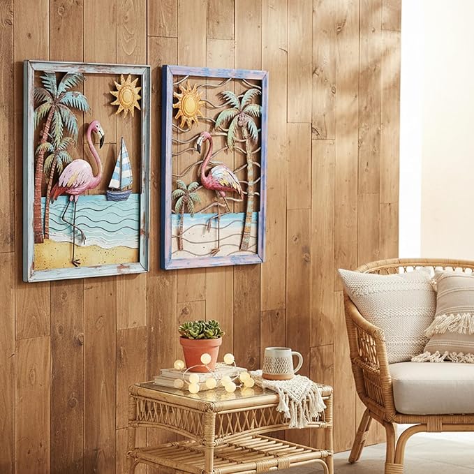 Newinhome Metal Wall Art Flamingo Tropical Boho Wall Decor 2 Pack Flamingo Hanging Artwork Theme for Living Room Bathroom Patio Yard Housewarming Gift