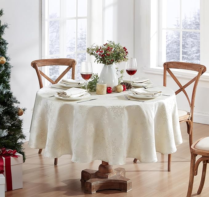 Newbridge Fancy Metallic Snowflake Christmas Fabric Tablecloth, 70 Inch Round, Ivory Gold, No-Iron Soil Resistant Sparkling Snowflakes Woven Holiday Table Cover
