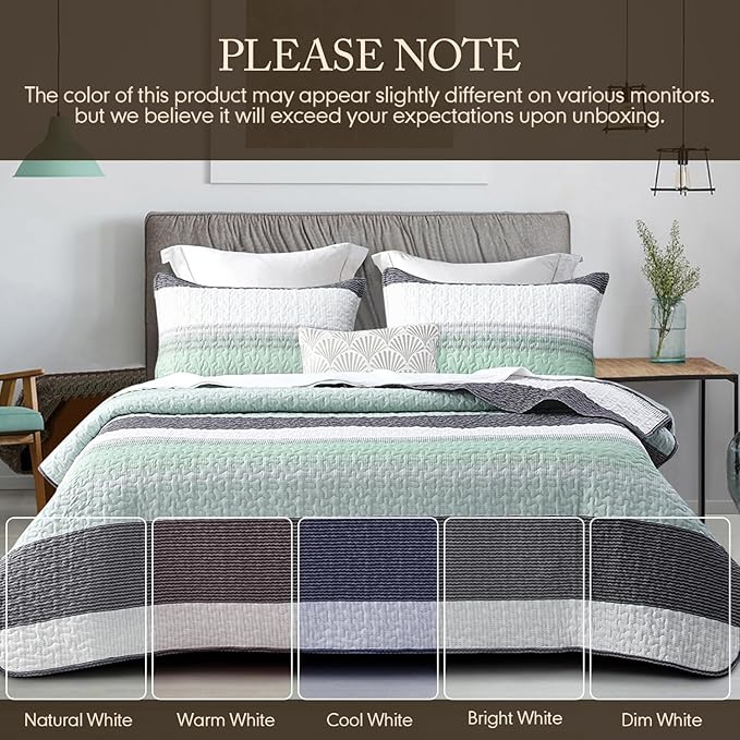 DURLENGEN Striped Quilt Set Queen Size 3Pcs, Bohemian Design with White & Mint Green & Blue & Grey Stripes, All Season Lightweight Bedspread Coverlet Sets(King 106x96,Mint Green)