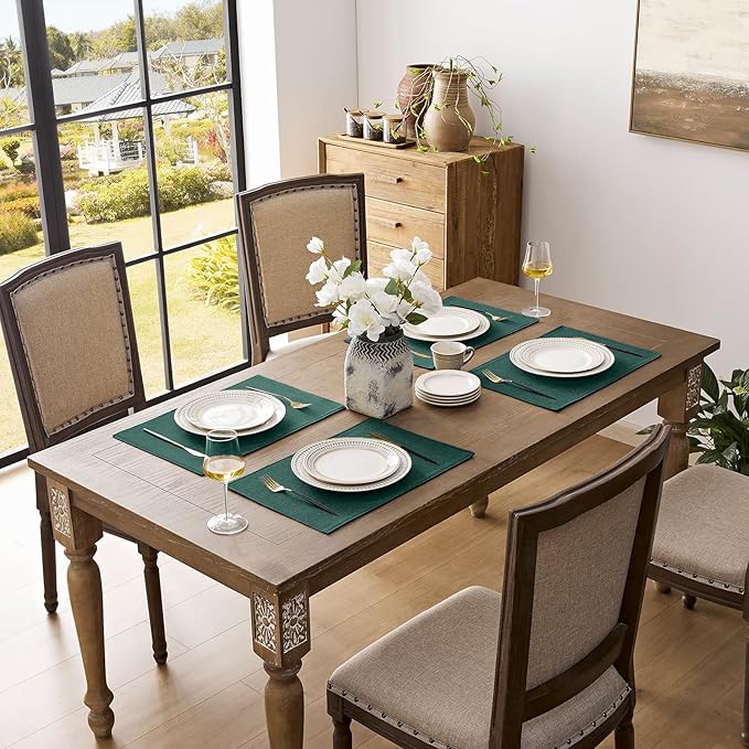 Romanstile Cloth Placemats Set of 4-12 x 18 Inch, Heat Resistant Double Layered Thickened Burlap Christmas Place Mats, Washable Linen Farmhouse Table Mats for Kitchen/Dining/Party/Outdoor, Green