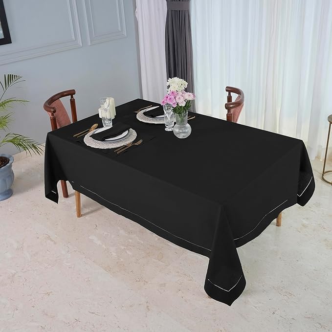 D'Moksha Homes Black Linen Tablecloth 60 x 156 Inch - 100% Pure Linen Black Tablecloth for Rectangle Tables - Classic Hemstitch, Machine Washable Table Cloth for Fall, Thanksgiving, Holiday