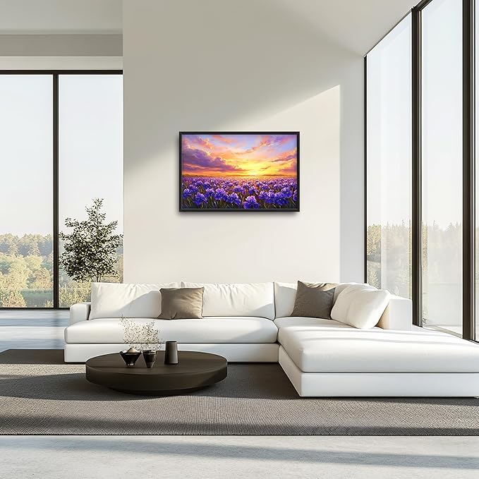 Iris Field Sunset Large Wall Art Purple Flower Framed Wall Decor for Living Room Iris Pictures Oversized Canvas Print Painting Modern Extra Large Framed Artwork for Bedroom Office 36"x24"