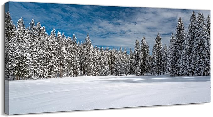 GUTTATY Christmas Winter Scene Canvas Wall Art, Snowy Forest Canvas Prints, Tranquil Blue Sky Wall Decor, Modern Poster Picture for Living Room, Holiday Wall Hanging Artwork, 32x16 Inch