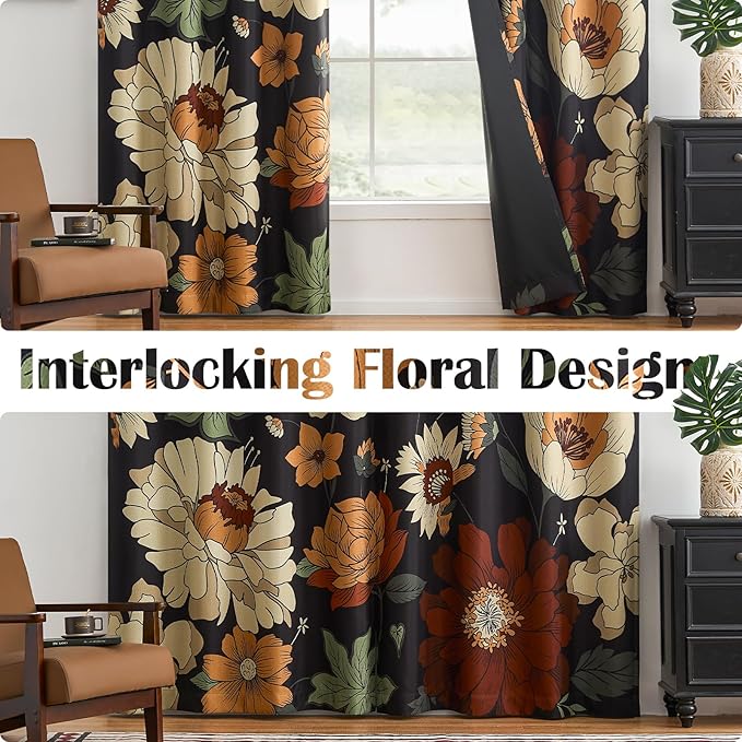 jinchan Lora Floral Curtains for Bedroom Blackout Drapes for Living Room Darkening Fabric Fall Decor Winter Vintage Flower Pattern Printed Window Curtains 84 Inches Length 4 Panels with Grommet Black