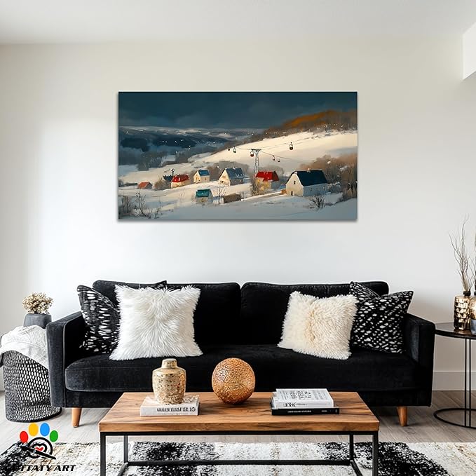 GUTTATY Christmas Winter Scene Canvas Wall Art, Snowy Village Pictures, Cable Car Canvas Prints, Nordic Landscape Painting, Cozy Holiday Wall Decor Poster for Living Room, Bedroom, Office, 32x16 Inch