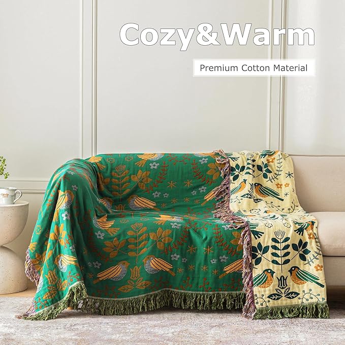 Boho Throw Blanket for Bed 100% Cotton Ultra Soft Rustic Quilt Fall Blanket Bird Floral Printed Farmhouse Decor Bed Blankets,80"×90" All Season Rustic Throw for Sofa Couch Chair