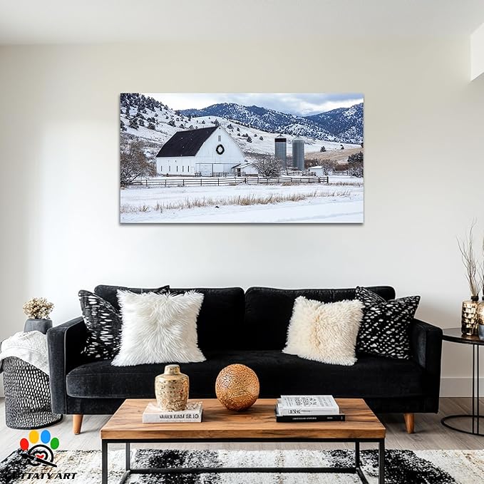GUTTATY Christmas Winter Barn Canvas Wall Art, Rustic Farmhouse Winter Scene Pictures, Snowy Holiday Wall Decor, Countryside Canvas Print with White Barn for Living Room, Bedroom, Office, 60x30 Inch
