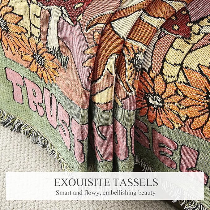 Double-Sided Cotton Woven Throw Blanket with Tassel Jungle Bohemian Style Tapestry Shawl Multi-Function Decorative Throws for Sofa Bed Armchair Camping Blanket Tablecloth Carpet 160x130cm