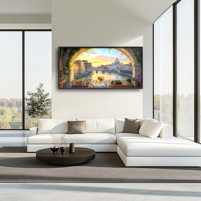 Tiber River in Rome Italy Large Wall Art Framed Wall Decor for Living Room, Cityscape Pictures Oversized Canvas Print Painting Modern Extra Large Framed Artwork for Bedroom Office Home Decor 60"x30"