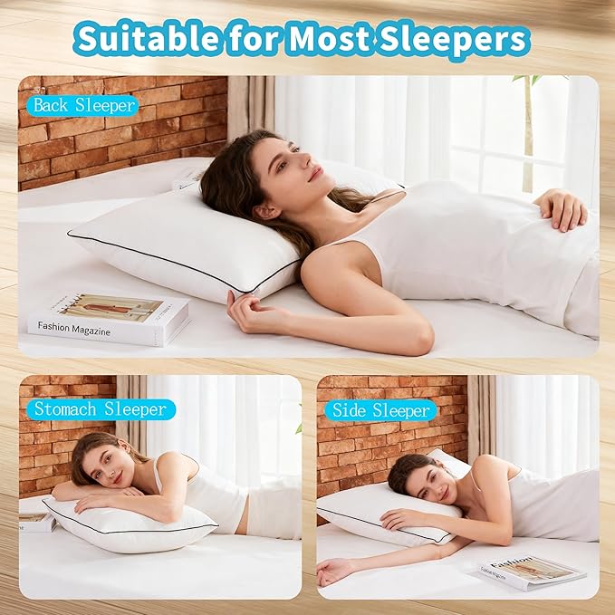 Feather Down Pillow Standard Size Set of 2, 100% Cotton Luxury Hotel Collection Bed Pillows for Sleeping, Down Surrounded Fluffy Soft Medium Firm Pillows for Side Back Stomach Sleepers 20" x 26"