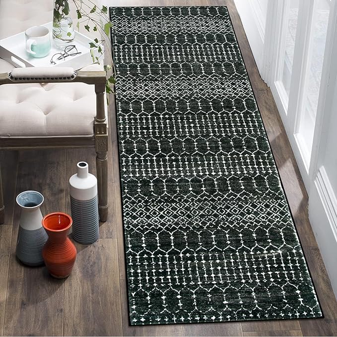Lahome Moroccan 2x6 Black Runner Rug Non-Slip, Kitchen Rug Runner Washable Non-Skid Hallway, Geometric Print Distressed Carpet for Entryway Bathroom Laundry