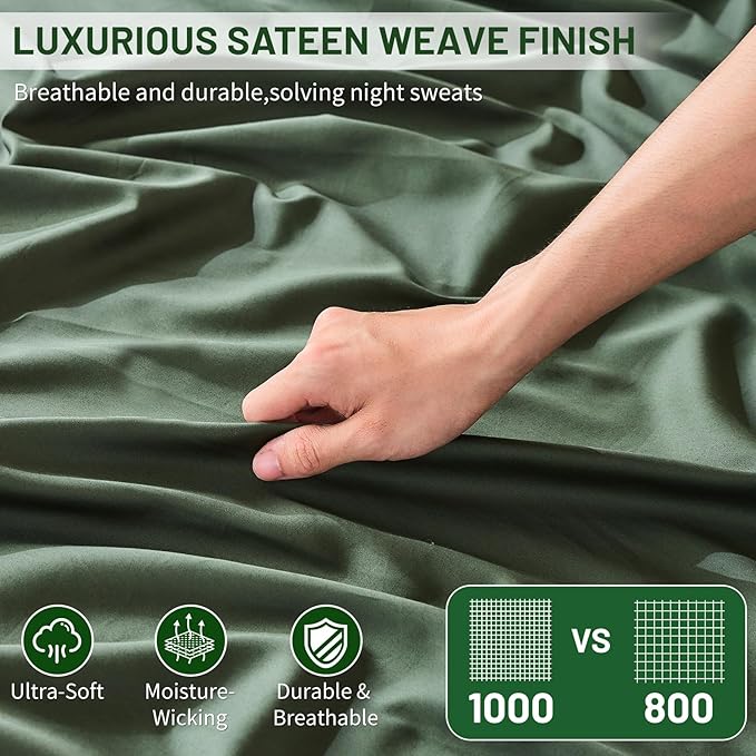 MEISHANG 1000 Thread Count Cotton Sheets Queen Size - 100% Egyptian Cotton, Sateen Weave, Soft & Breathable, Oeko-Tex Certified, 16" Deep Pockets - 4 Piece (Queen, Forest Green)