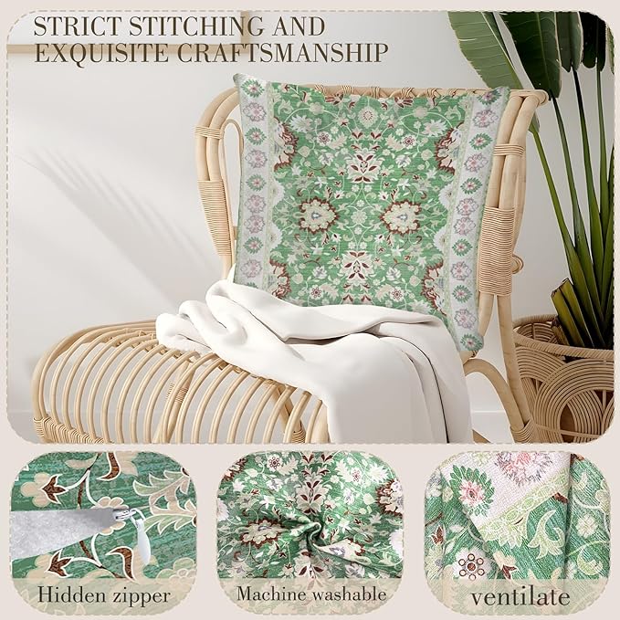 Boho Floral Throw Pillow Covers 16x16 inch Set of 2,Green Boho Rug Geometric Floral Pattern Decor Double Sided Pattern Cushion Cover Soft Pillow Case Living Sofa Room Bed Square Pillow Cover