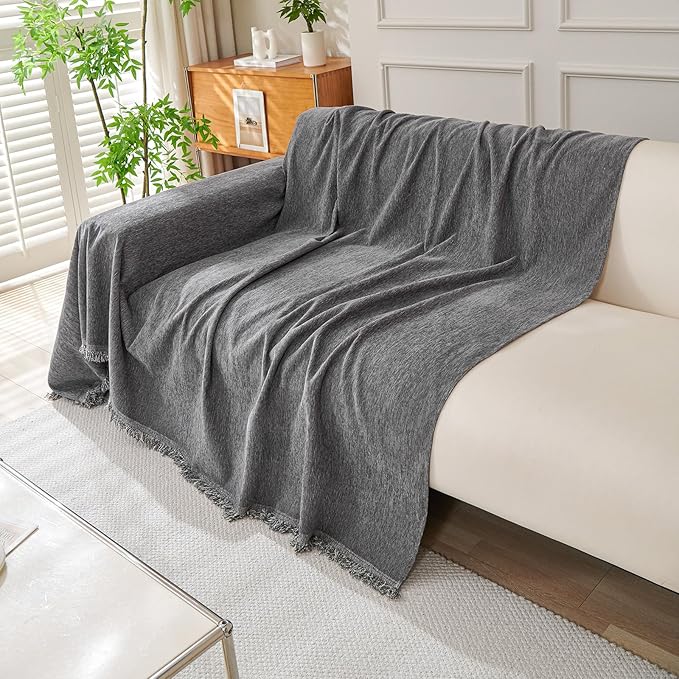 DREAMINGO Sofa Covers Washable Thick Chenille Couch Cover for 2 Cushion Couch Sofa Multi-Use Couch Cover Blanket Modern Pet Furniture Protector Sectional Couch Slipcover 91"x118", Dark Grey