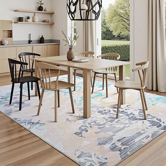 Keeko 9x12 Area Rugs for living Room, Modern Abstract Floral Pattern Rugs for Bedroom, Soft Washable Rug with Non-Slip Backing Low-Pile Non-Shedding Carpet for Kitchen Home Office Dining Table - Beige