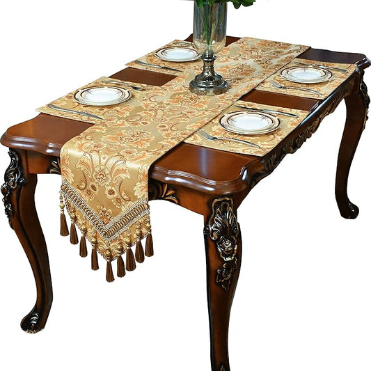 Luxury Velvet Gold Table Runner 79 Inches Long with Vintage Damask Jacquard Design for Dining Room,Living Room,Home Decor,Elegant Beaded Tapestry,Lining (Gold, 13×79 inch)