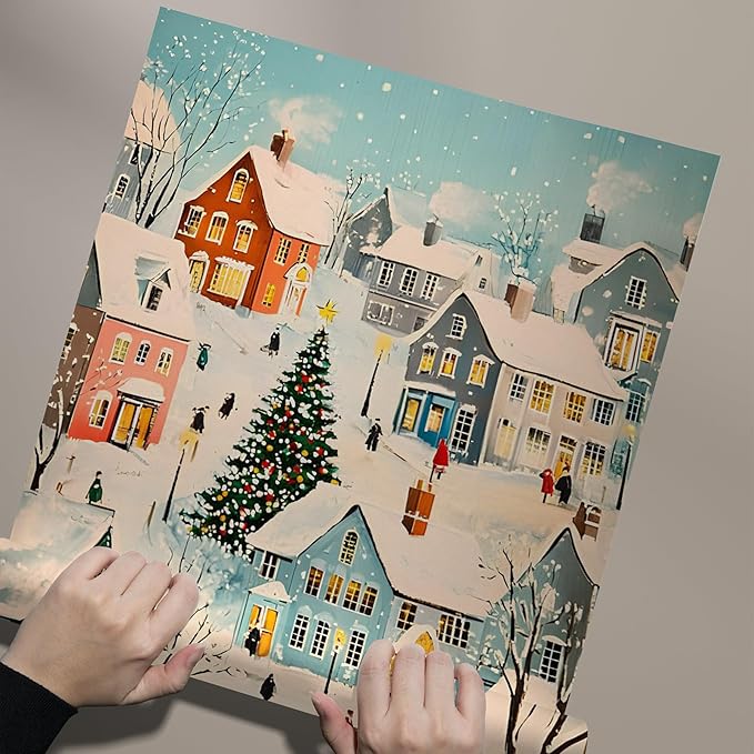 OZCONO Retro Winter Village Art, Pastel Snowy Town Christmas Decor, Cute Noel House Decor Idea, Holiday Home Accent, Cozy Seasonal Wall Artwork, Xmas Print (Unframed) (27x40)