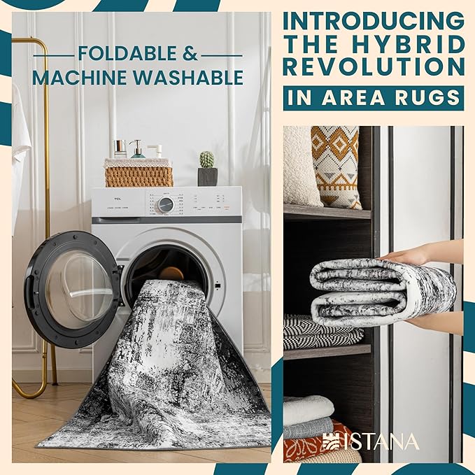 Istana 5x7 Area Rug - Grey Black Rugs for Living Room 5x7 - Foldable Rugs for Bedroom - Stain Resistant Washable Rug - Eco-Friendly Boho Area Rugs - Easy to Clean Living Room Rug