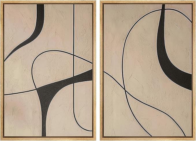 SIGNWIN Framed Canvas Print Wall Art Set Modern Beige and Black Abstract Curve Minimalist Geometric Modern Art Minimal Boho Relax/Calm for Living Room, Bedroom, Office - 24"x36"x2 Natural