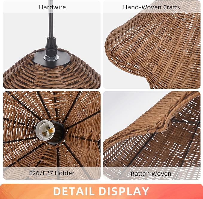 Arturesthome 1 Light Vintage Wicker Pendant Lighting for Kitchen Island,19.6" Handmade Pendant Ceiling Light for Kitchen Island Office Home Decor Coffee