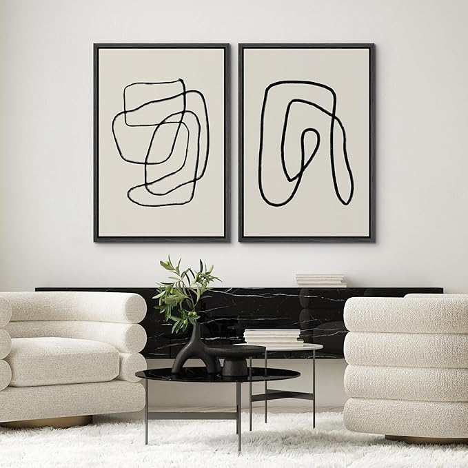 SIGNWIN Framed Wall Art Print Set Black Lines Over Tan Plain Background Abstract Swirly Cozy Neutral Modern Art Mid-Century Modern Expressive for Living Room, Bedroom, Office - 16"x24"x2 Black