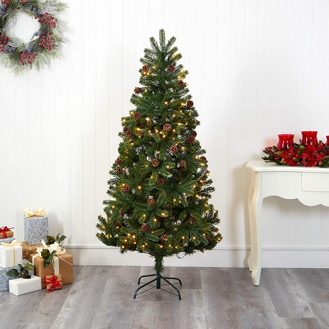 Nearly Natural 6ft. Rocky Mountain Spruce Artificial Christmas Tree with Pinecones and 250 Clear LED Lights