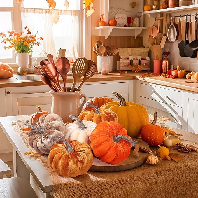 2pcs Velvet Fake Pumpkins Fall Harvest Fabric Foam Pumpkin Thanksgiving Halloween Decor for Table Centerpiece Wedding Farmhouse (2, Orange Gold, M)