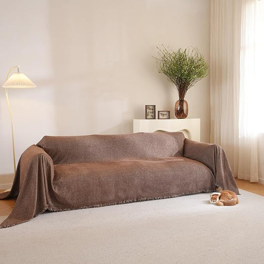 Couch Cover with Tassel Pet Loveseat Protector Brown Boho Herringbone Chenille Sofa Covers for Sectional 2 Seat Couch Furniture Protector for Pets, Kids(Chocolate, Large, 71" x 118")