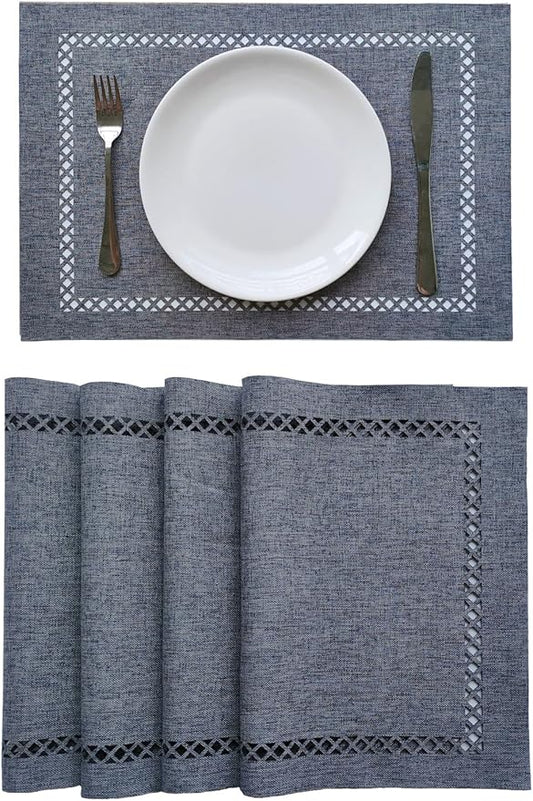 Placemats Set of 4 for Dining Table with Hollow Edge Design- Table Mats 12x 18 Inch, Cloth Place mats Machine Washable (Grey 4pcs)