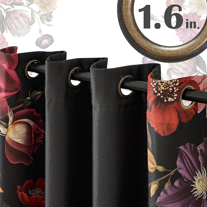 JINCHAN Hannah Floral Blackout Curtains with Retro Vintage Flower Print Drapes for Bedroom Living Room Fall Decor Winter Window Curtains Room Darkening 96 Inches Length 2 Panels Set with Grommet Black