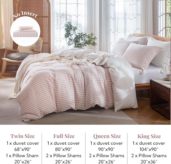 MILDLY Pink Striped Duvet Cover - 100% Washed Cotton Jacquard Boho Textured Comforter Cover 3pcs with Corner Ties Zipper Closure 104"x90"