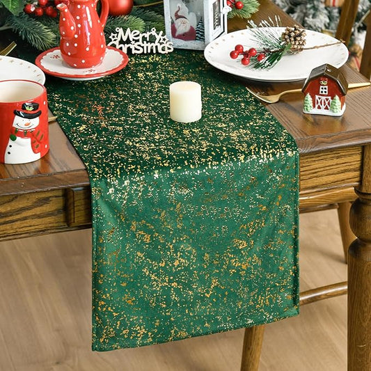 Artoid Mode Dark Green Dutch Fleece Table Runner, Glitter Metallic Foil Holiday Kitchen Dining Table Decoration for Home Party Decor 13x36 Inch