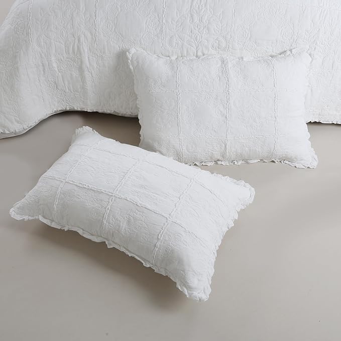 DURLENGEN White Rose Patchwork 100% Cotton Queen Quilt 3Pcs,White Patchwork with Rose Pattern,Luxury Lightweight Cotton Coverlet Sets for All Season(Queen 90x96,White Rose Patchwork)