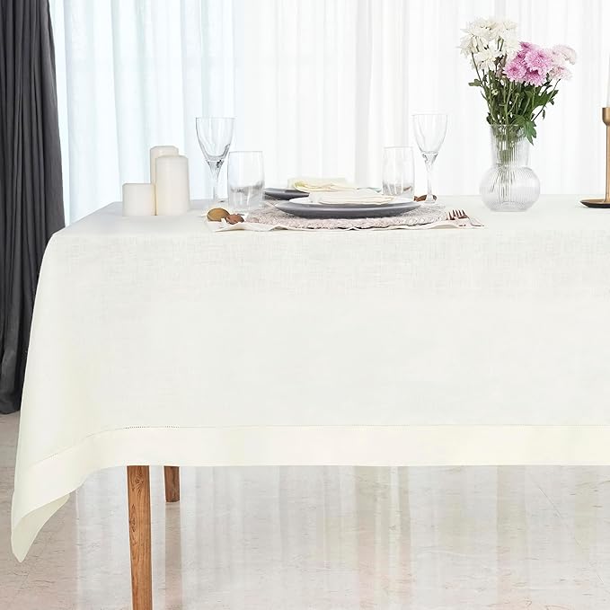 D'Moksha Homes Ivory Linen Tablecloth for Rectangle Tables 60 x 90 Inch - 100% Pure Linen Ivory Table Cloth - Classic Hemstitch, Machine Washable Tablecloth for Fall, Thanksgiving, Christmas, Holiday