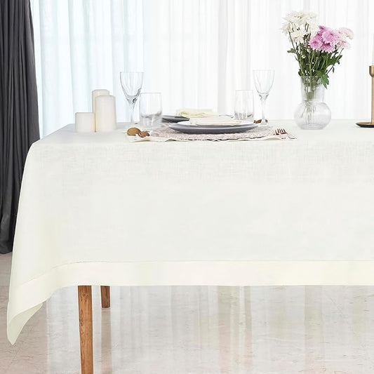 D'Moksha Homes Ivory Linen Tablecloth 60 x 108 Inch - 100% Pure Linen Ivory Table Cloth for Rectangle Tables - Classic Hemstitch, Machine Washable Tablecloth for Fall, Thanksgiving, Christmas, Holiday