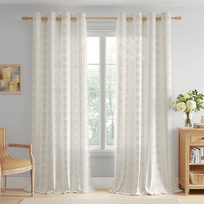 Boho Linen Curtains for Bedroom Living Room Taupe Farmhouse Boho Curtains 84 Inches Long Geometric Striped Patterned Mudcloth Grommet Top Light Filtering Window Drapes 2 Panels Taupe on Beige