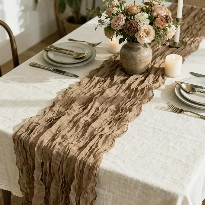 12 Pack Coffee Cheesecloth Table Runner 35 x 118 Inch Gauze Fabric Boho Table Runners for Wedding Arch, Rustic Bridal Shower, Baby Shower, Party Decorations, Farmhouse Home Decor
