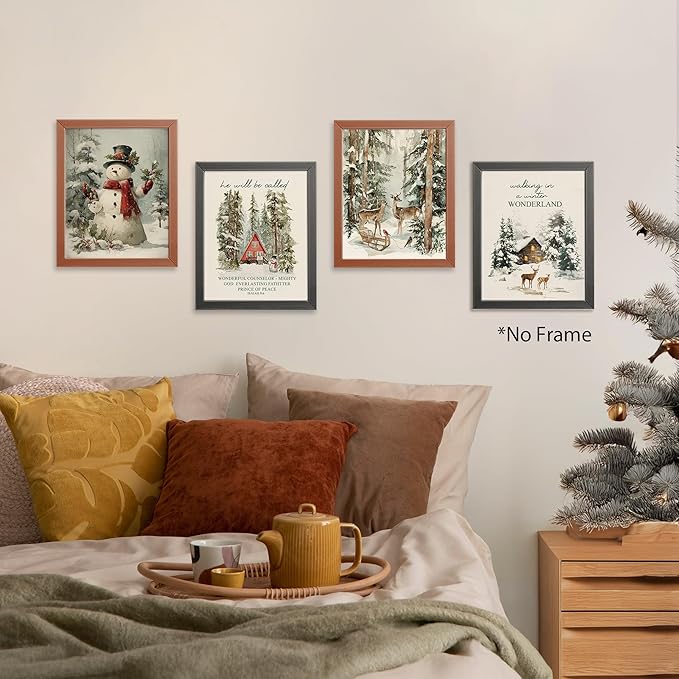 AEHIE Vintage Winter Holidays Snowman Wall Art Poster Prints for Home,Rustic Reindeer pine tree Decor, Snow Forest Frost Pictures Xmas Tree Deer Mountain House Photo Wall Art Unframed 4pcs 8x10inch