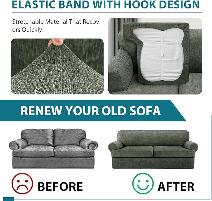 3 Piece T Cushion Sofa Slipcovers Stretch Couch Cover Furniture Covers with 2 Individual T Cushion Covers, Machine Washable for Living Room (Green, 2 Cushions)