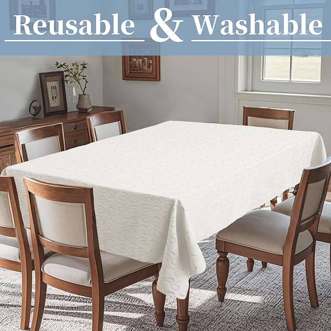 Wedding Tablecloths, 1PC Washable Table Cover for Rectangle Tables 60"x102" (8-10 Seat) - Cotton Polyester Blend | Reusable | Fade Resistant, Off White Table Cloth for Party & Banquet, Bow Jacquard