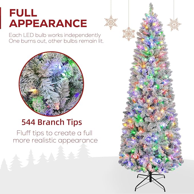 Hykolity 6ft Pre-Lit Snow Flocked Slim Tree, 200 Multi Color LED Lights, 544 Realistic PVC Tips, Hinged Design, Metal Base, 10 Modes
