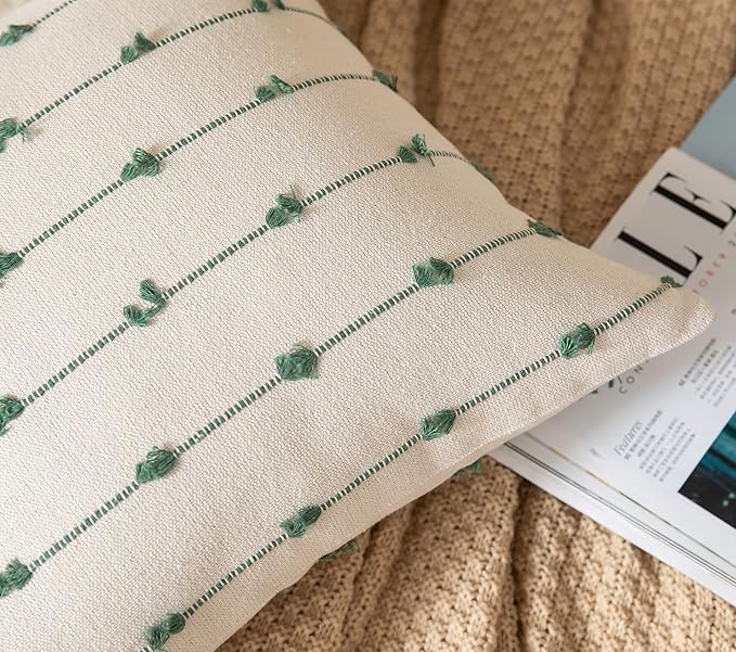 Caflife Boho Throw Pillow Covers 12x20 inches Beige and Green, Set of 2 Modern Farmhouse Decorative Pillow Covers for Couch Bed, Living Room