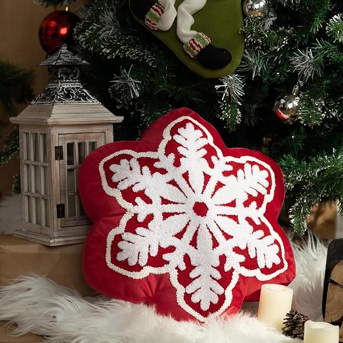 Phantoscope Merry Christmas Snowflake Shaped Throw Pillow, Velvet Xmas Embroidered Snowflake Pillow Decorative Christmas Cushion Pillow for Couch Living Room, Red, 16 x 16 inches
