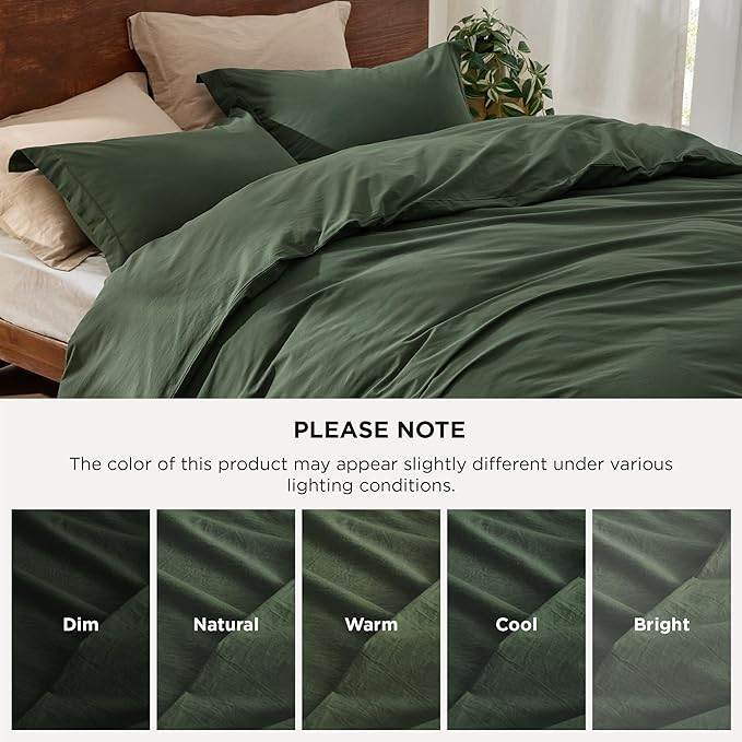 Bedsure 100% Washed Cotton Duvet Cover King Size - Olive Green Minimalist Cotton Duvet Cover Linen Like for All Seasons - GentleSoft™ Plain Simple Bedding (Olive Green, King, 104"x90")