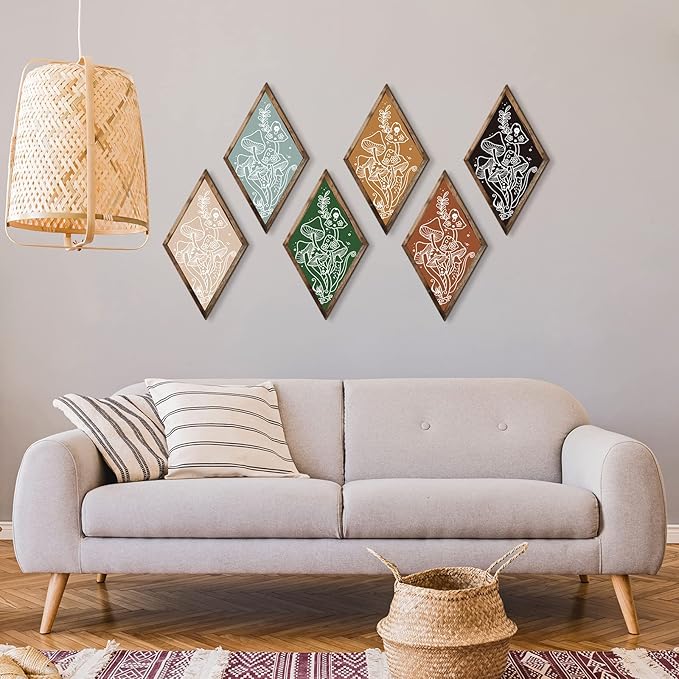 Nuenen 6 Pcs Farmhouse Home Wall Decor Western Geometric Diamond Frame Wall Hanging Boho Modern Abstract Art Prints Wooden Diamond Sign Decorations for Bedroom Living Room Bathroom(Mushroom)
