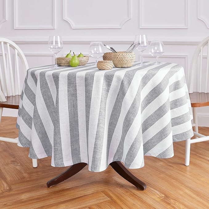 Solino Home Linen 60 Inch Round Tablecloth - Cabana Stripe, 100% Pure Linen Grey and White Round Tablecloth - Machine Washable Table Cloth for Fall, Autumn, Thanksgiving, Winter