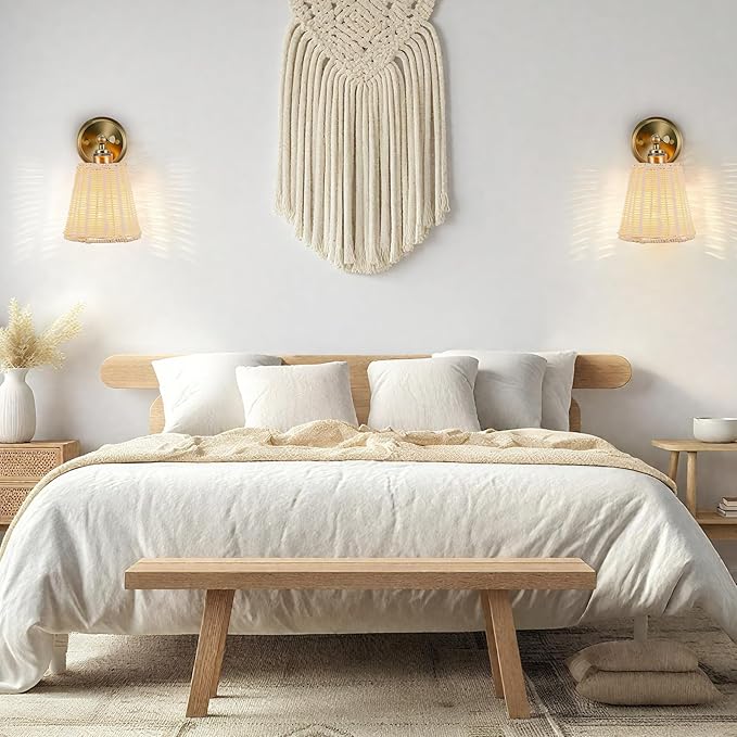 Rattan Wall Sconce Plug in, Hand-Woven Wicker Lampshade Wall Sconces Set of Two, Indoor Wall Lamp, Boho Sconces Set for Bedroom Living Room Corridor Plug-in or Hardwired