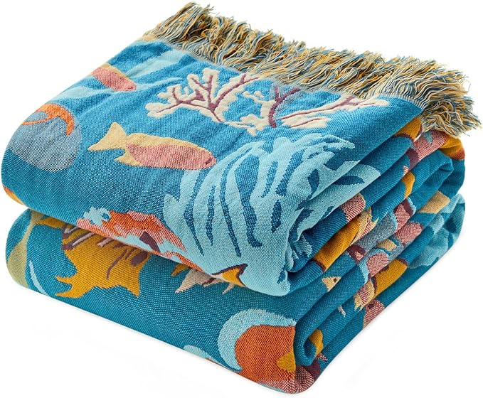 Throw Blanket for Bed 100% Cotton Blankets for Bedroom Living Room Twin Size All Season Underwater Ocean Life Embroidery Quilt for Couch Sofa Coastal Home Decor 60"x80"