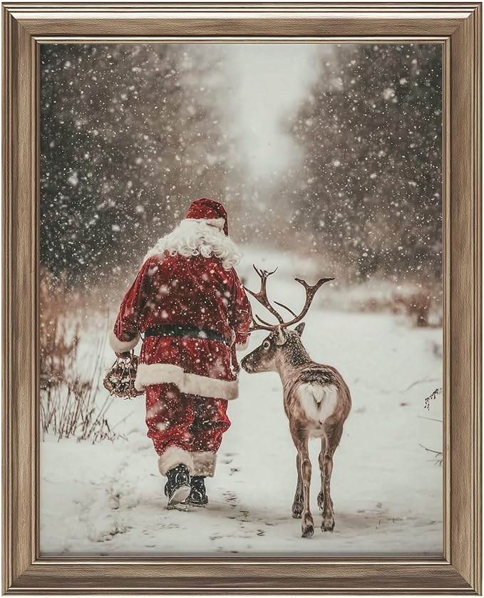 llguiidecal Vintage Santa Claus and Reindeer Wall Art Print, Rustic Christmas Winter Forest Photography, Holiday Farmhouse Snow Scene Print, Cozy Nordic Christmas Decor (8X10 Inch-Unframed)